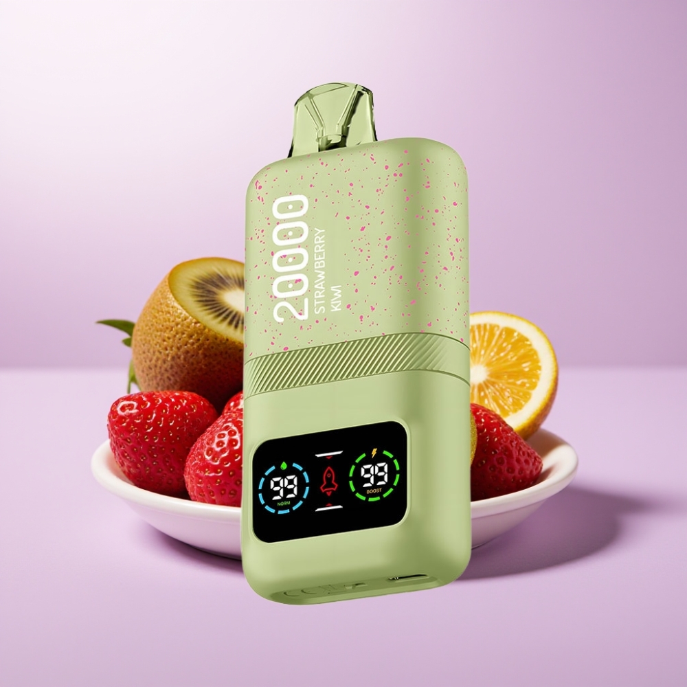 Aivono AIM MAGIC 20000 Puffs Disposable Vape fresa kiwi con 26ml de líquido, bobina dual y pantalla LCD