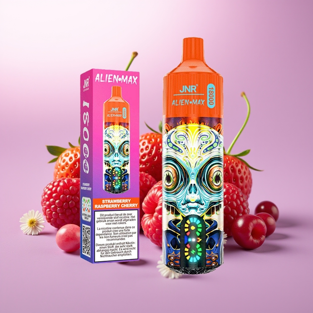 JNR Alien Max 18000 Puffs Fresa Frambuesa Cereza con Pantalla LED Inteligente y Doble Bobina Mesh