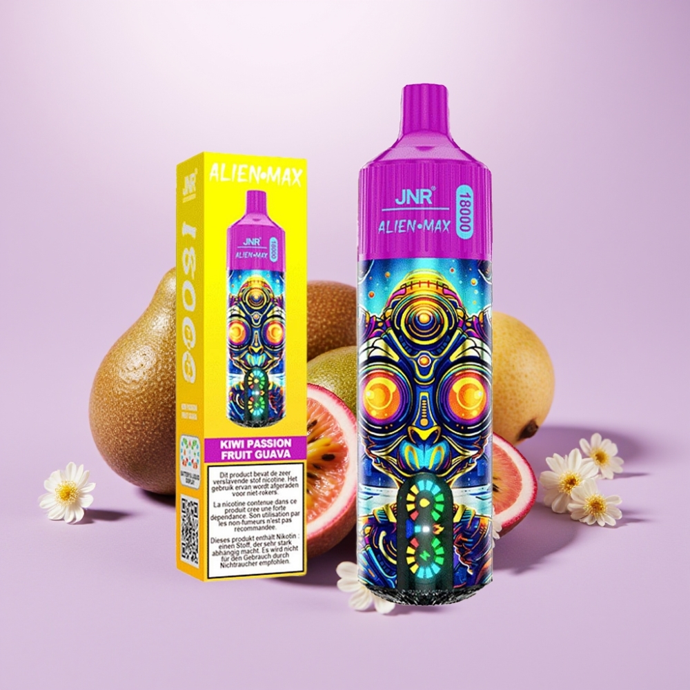 JNR Alien Max 18000 Puffs Vape Desechable Kiwi Maracuyá Guayaba con Pantalla LED Inteligente, Doble Malla y Carga Rápida Type-C
