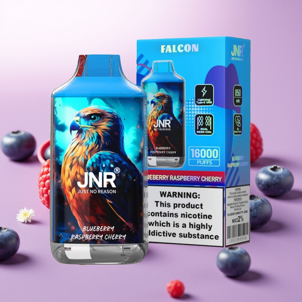 JNR Falcon 16000 Puffs Desechable Vape Arándano Frambuesa Cereza – 850 mAh, 22ml, Doble Malla, Tipo C/Lightning, Pantalla LED, Nicotina 0%/2%