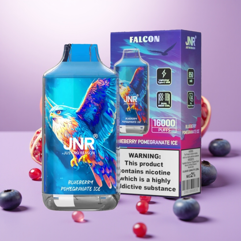 JNR Falcon 16000 Puffs Vape Desechable Arándano Granada Hielo – 22ml, Doble Bobina Mesh, Pantalla LED, 850 mAh
