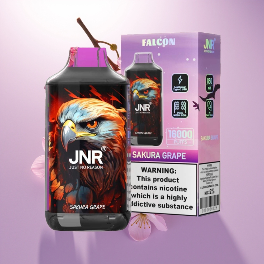 JNR Falcon 16000 Puffs Vape Desechable Cereza Uva – 22ml, Doble Malla, Pantalla LED, Tipo C/Lightning