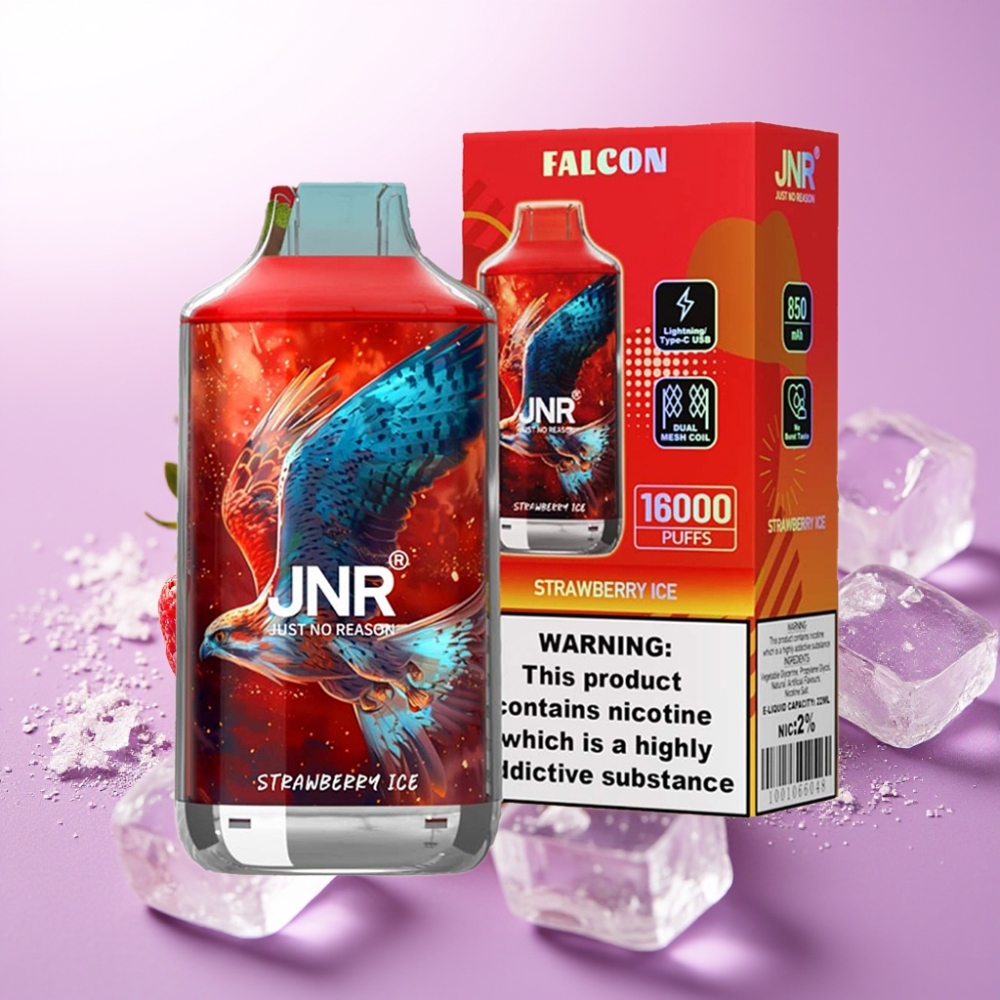 JNR Falcon 16000 Puffs Vape Desechable Fresa Helada – 850mAh, 22ml, Doble Malla, Tipo C/Lightning, LED, 0%/2% Nicotina