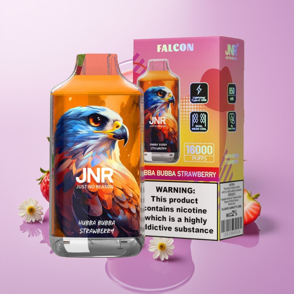 JNR Falcon 16000 Puffs Vape Desechable Fresa Hubba Bubba – 22ml, Doble Malla, Pantalla LED
