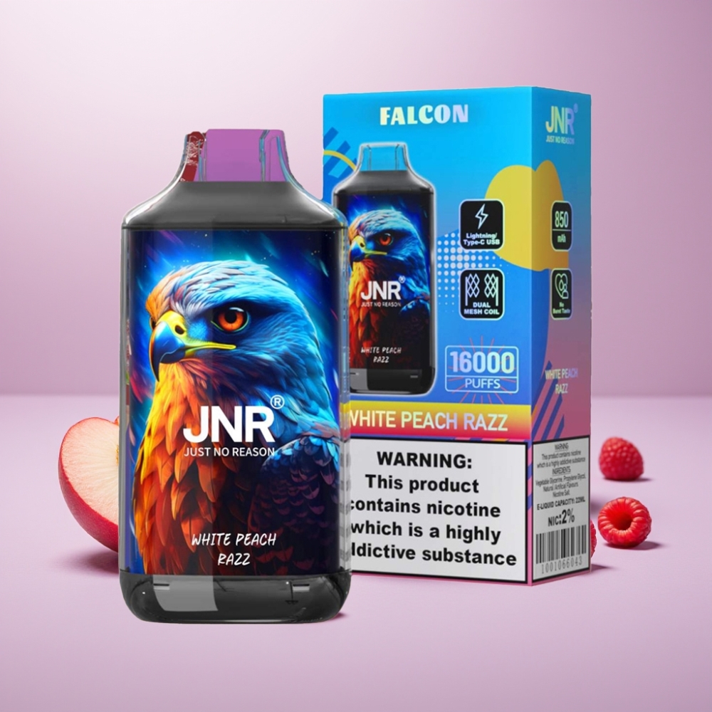 JNR Falcon 16000 Puffs Vape Durazno Blanco Frambuesa – 22ml, Dual Mesh, Pantalla LED, Tipo C/Lightning, 0%,2%