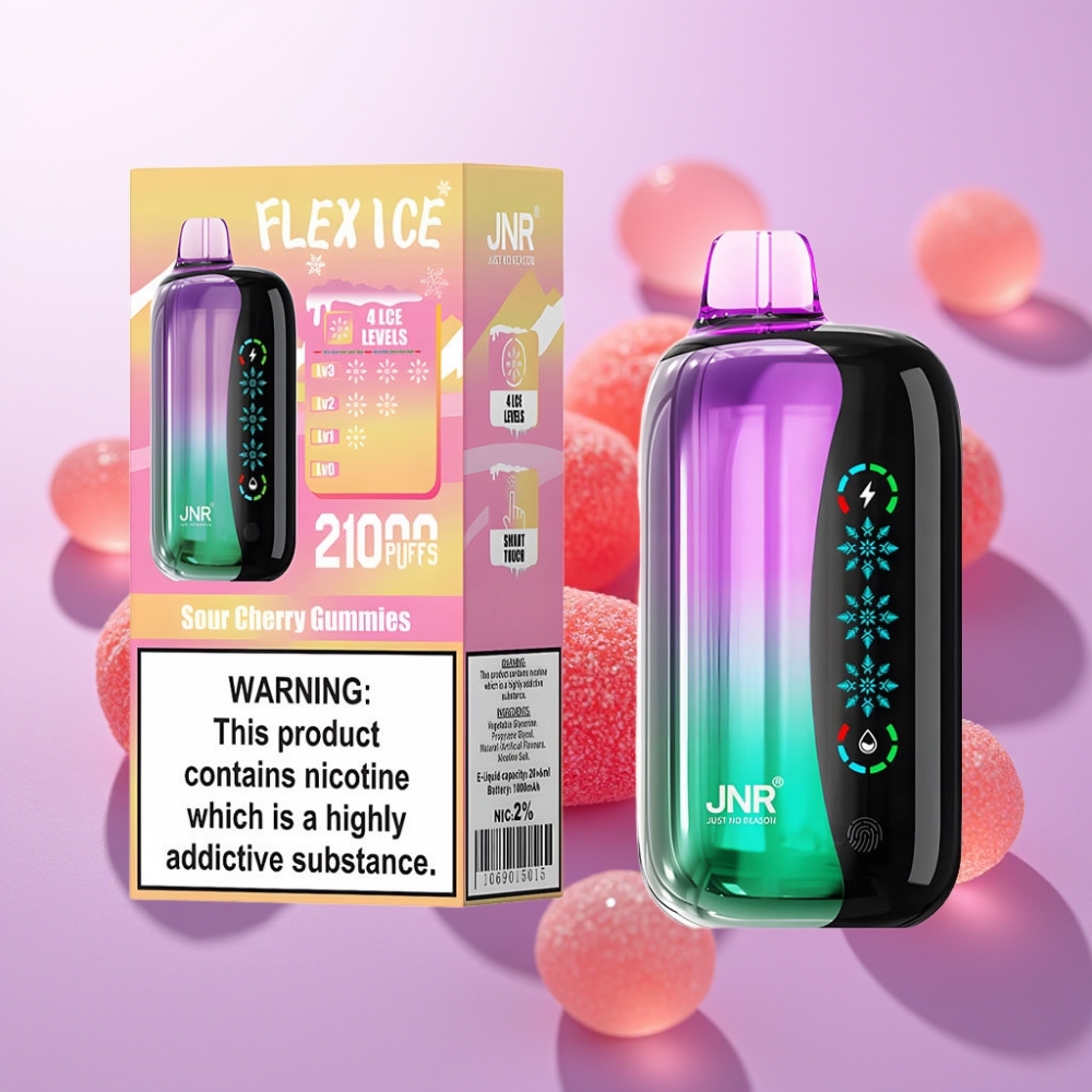 JNR Flex Ice 21000 Puffs Disposable Vape Gomitas Ácidas de Cereza con Ajuste de Hielo, Pantalla Táctil y 26ml de Líquido