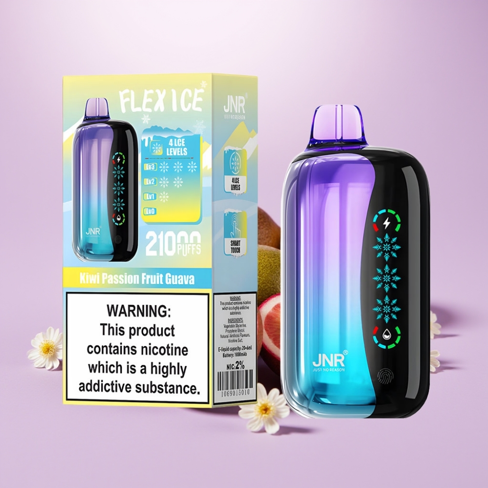 JNR Flex Ice 21000 Puffs Disposable Vape Kiwi Maracuyá Guayaba con Ajuste de Hielo, Pantalla Táctil y Tipo-C