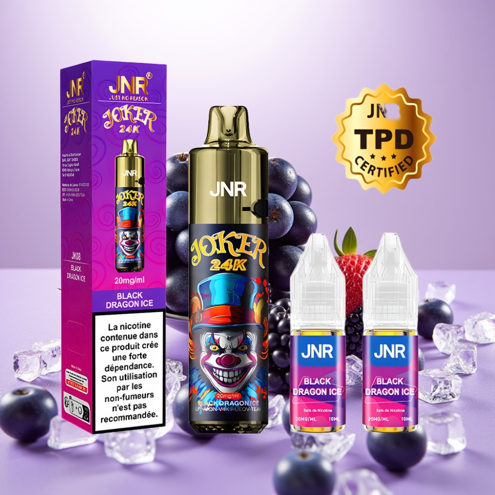 JNR Joker 24K Puffs Vape Desechable Dragón Negro Hielo – 24000 Caladas, 2% Nicotina, Recargable, 800mAh, Tipo-C