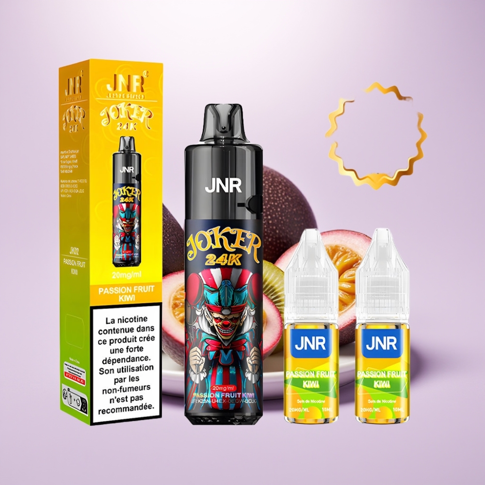 JNR Joker 24K Puffs Vape Desechable Maracuyá Kiwi, 24000 Puffs, 2% Nicotina, Recargable, Batería 800mAh, Luz LED, Tipo-C