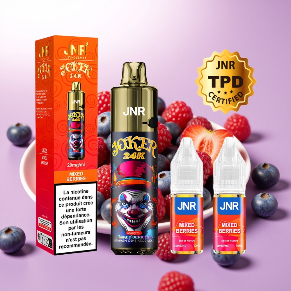 JNR Joker Recargable 24K Puffs con Luz Multicolor y Sabor a Frutas del Bosque – 2% Nicotina, 800mAh, Tipo-C