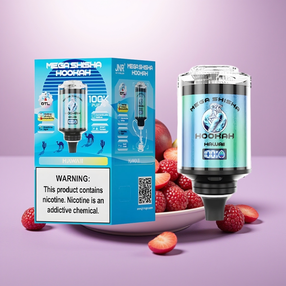 JNR Mega Shisha Hookah 100K Compatibilidad de Escritorio Hawaii 60ml Pantalla Inteligente Tipo-C