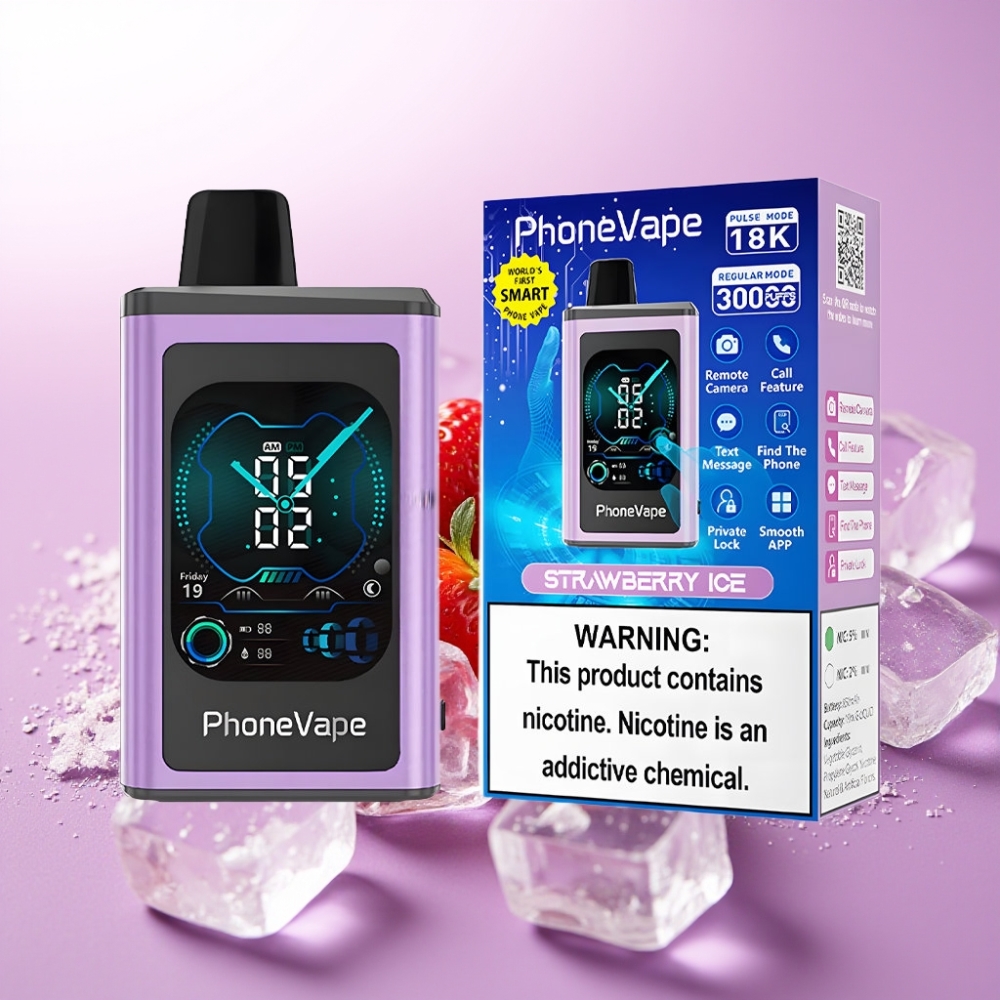 JNR PhoneVape 30000 puffs Desechable Fresa Hielo con Batería Recargable 850mAh, Turbo y Pantalla Completa