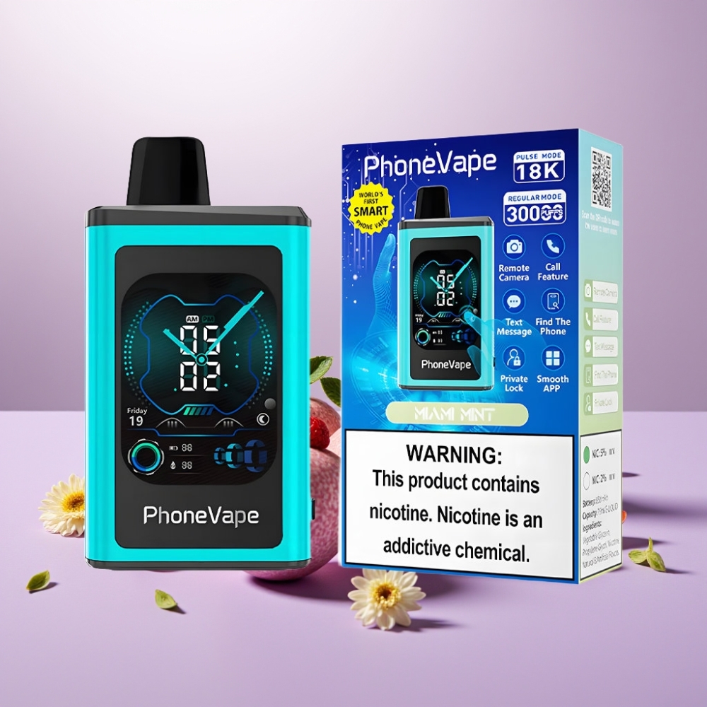 JNR PhoneVape 30000 puffs Vape Desechable Miami Menta con Batería Recargable 850mAh, Turbo y Pantalla Completa