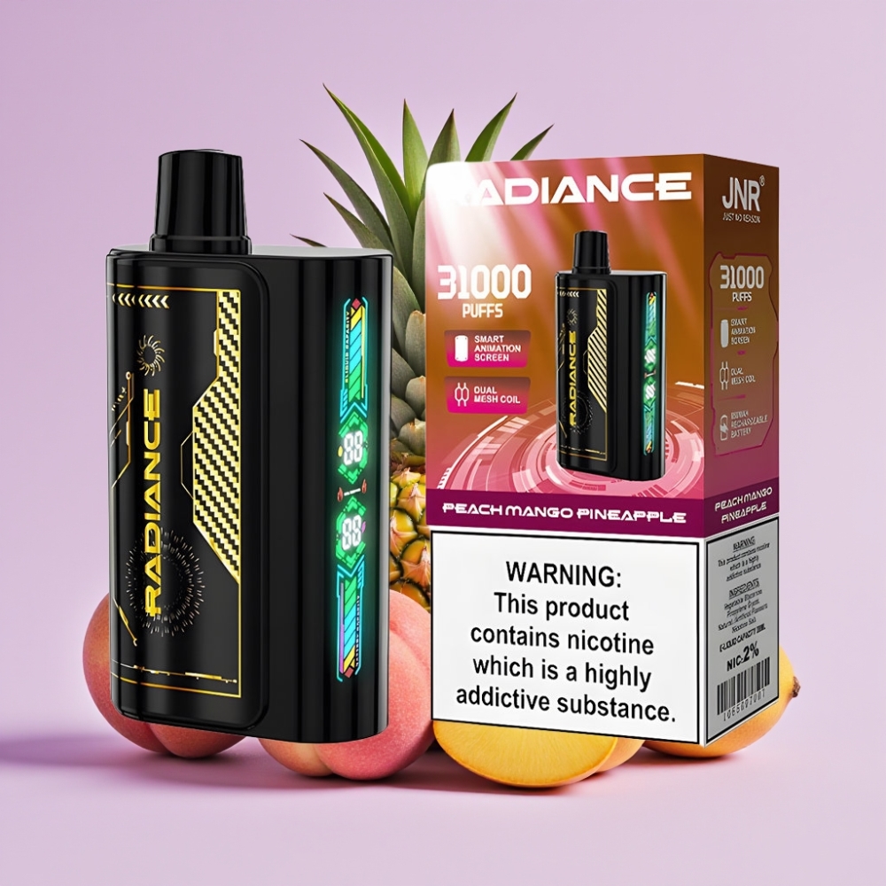 JNR Radiance 31000 Puffs Desechable Vape DURAZNO MANGO PIÑA con Pantalla Animada y Batería Recargable