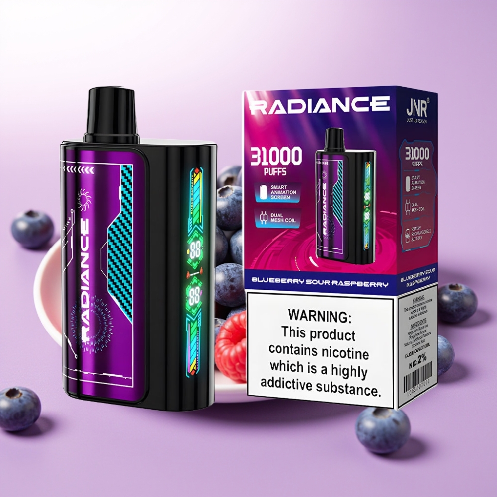JNR Radiance 31000 Puffs Vape Desechable ARÁNDANO AGRIO FRAMBUESA con Pantalla Animada y Batería Recargable