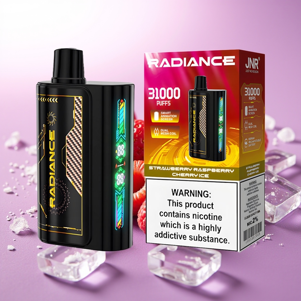 JNR Radiance 31000 Puffs Vape Desechable FRESA FRAMBUESA CEREZA HIELO – 28ml, Pantalla Animada, Doble Malla, Batería 950mAh, Tipo-C