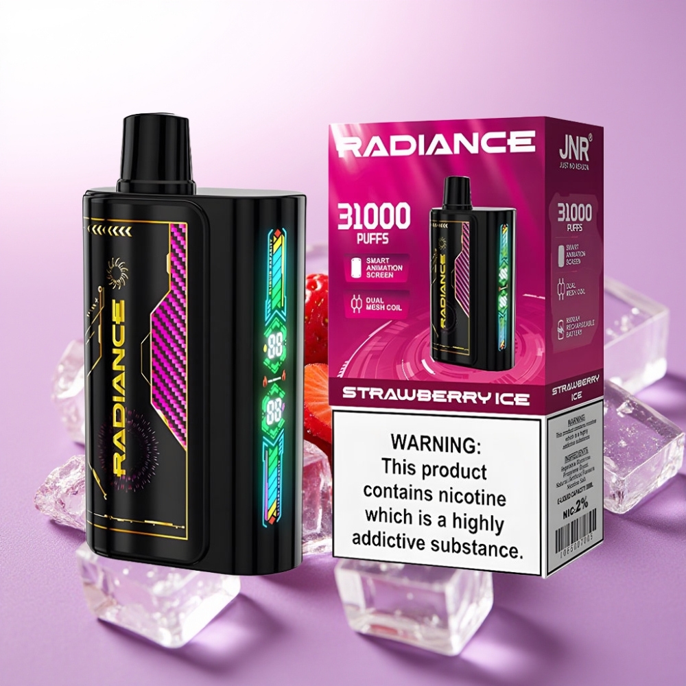JNR Radiance 31000 Puffs Vape Desechable FRESA HELADA – 28ml, Pantalla Animada, Doble Malla, Batería 950mAh