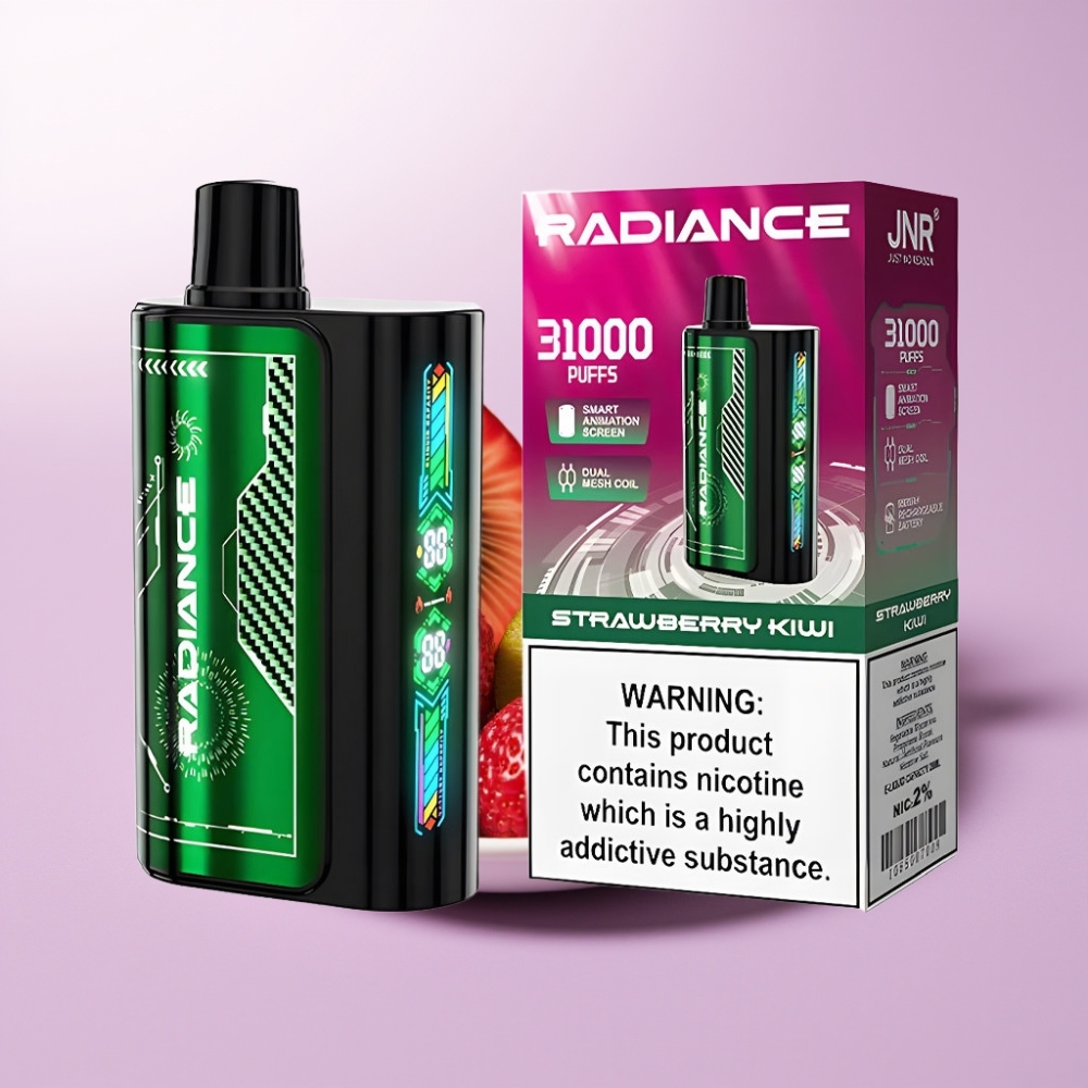 JNR Radiance 31000 Puffs Vape Desechable FRESA KIWI – Pantalla Animada, Doble Malla, 950 mAh, Tipo-C
