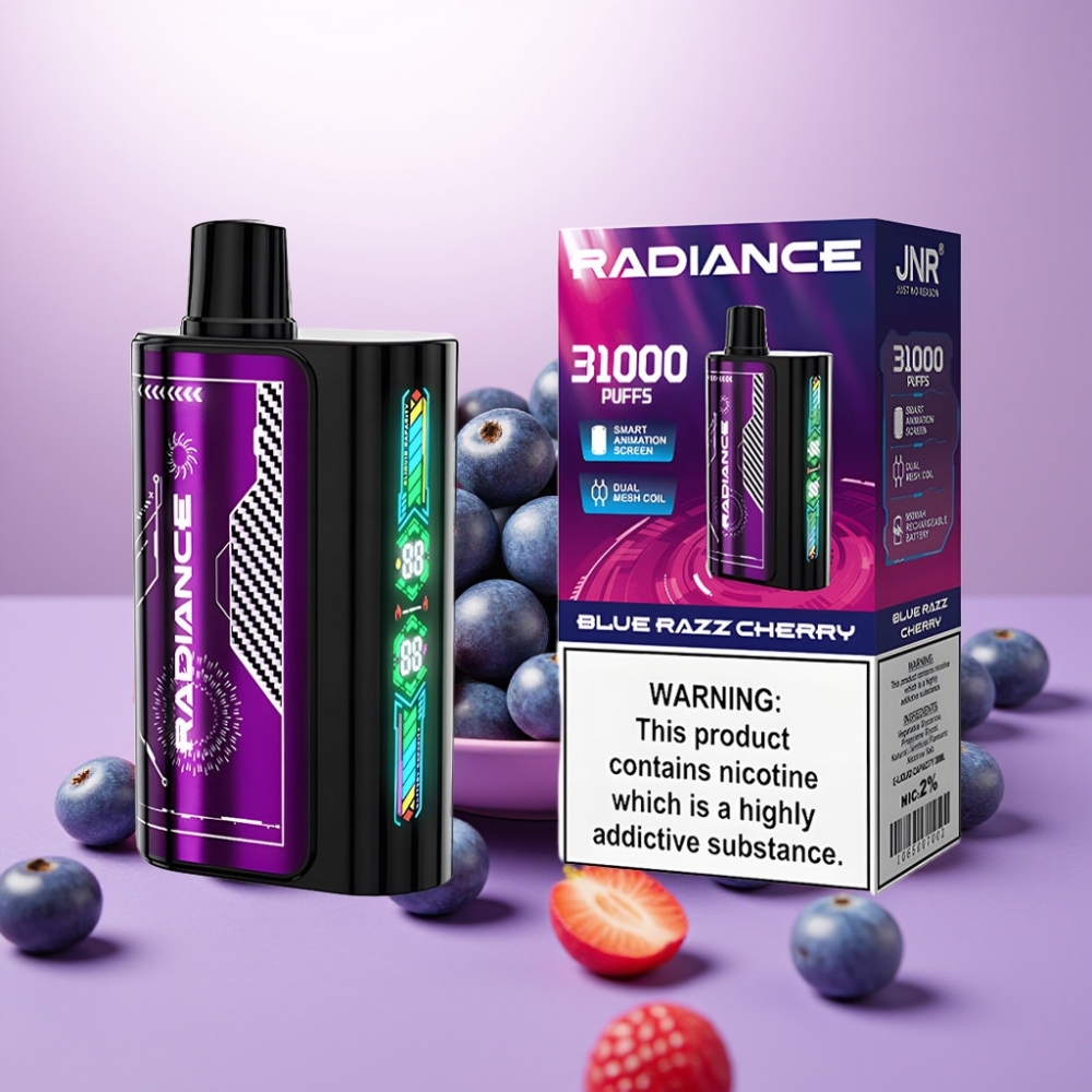 JNR Radiance Vape Desechable 31000 Caladas Sabor FRAMBUESA AZUL CEREZA – Pantalla Animada, Doble Malla, Tipo-C, 950 mAh