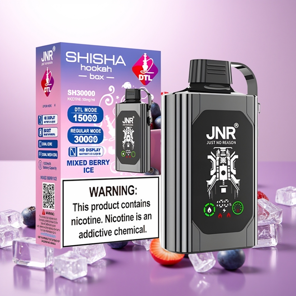 JNR Shisha Hookah Box 20500 Puffs Disposable Vape Frutos Rojos Helados con Pantalla HD, Batería 1000mAh y Carga Rápida Type-C