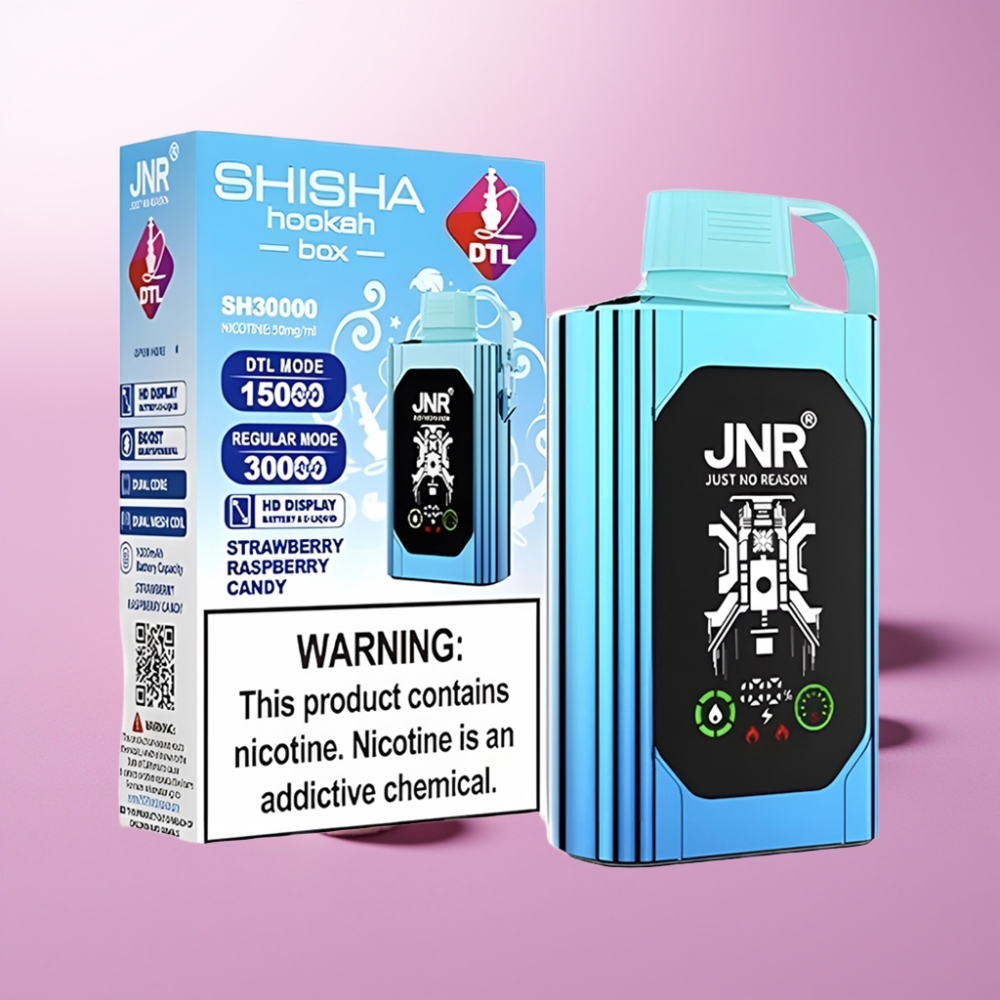 JNR Shisha Hookah Box 20500 Puffs - Fresa Frambuesa Caramelo, Pantalla HD, 25ml, Carga Rápida Tipo-C