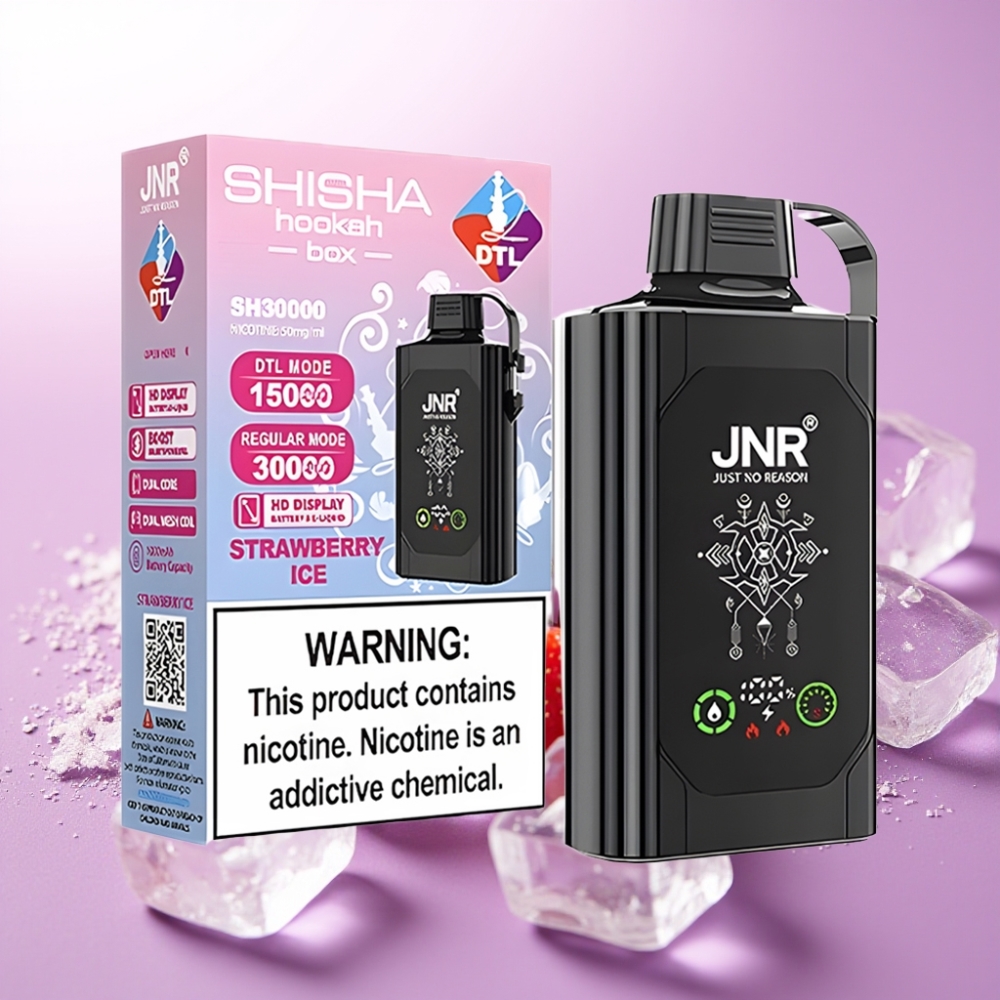 JNR Shisha Hookah Box 20500 Puffs – Fresa Hielo, Pantalla HD, 25ml, Carga Rápida Type-C, Doble Malla