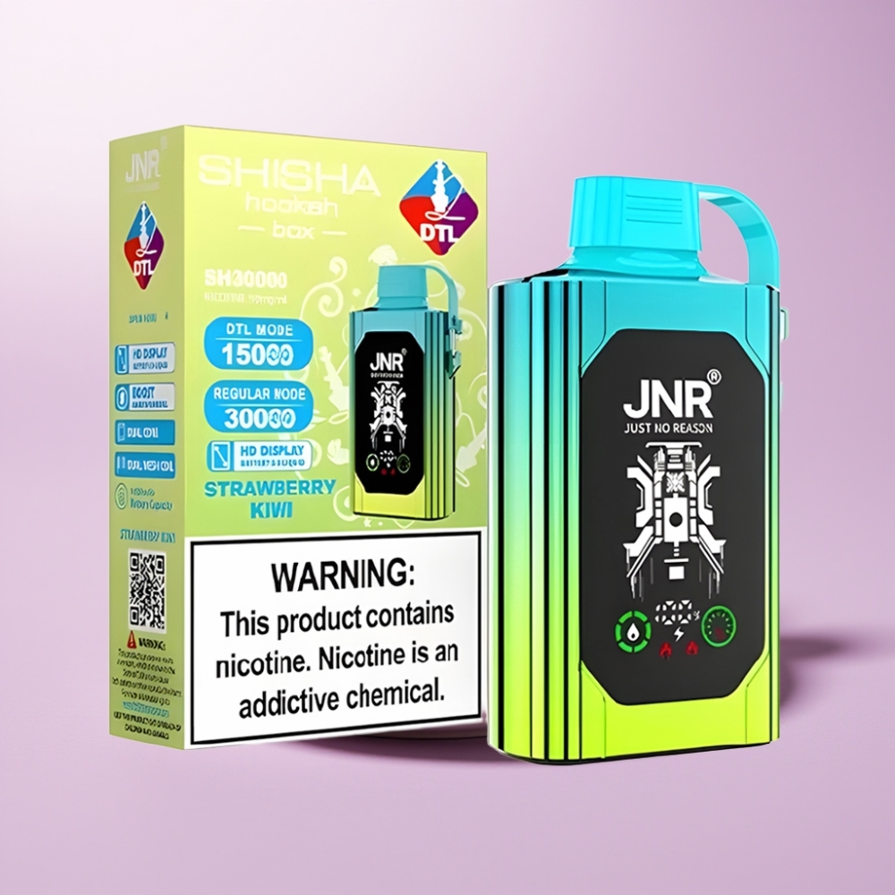 JNR Shisha Hookah Box 20500 Puffs - Fresa Kiwi, Pantalla HD, 25ml, Doble Malla, Tipo-C