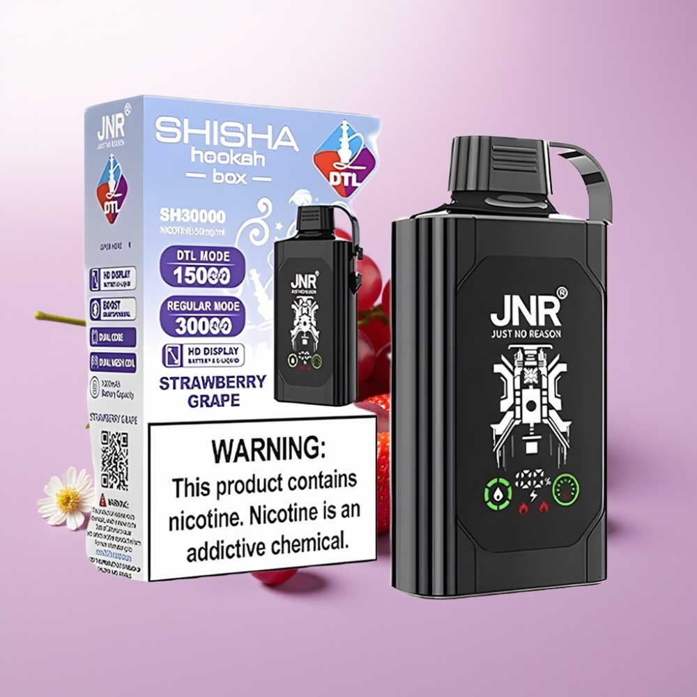 JNR Shisha Hookah Box 20500 Puffs - Fresa Uva, Pantalla HD, Batería 1000mAh, Dual Mesh Coil