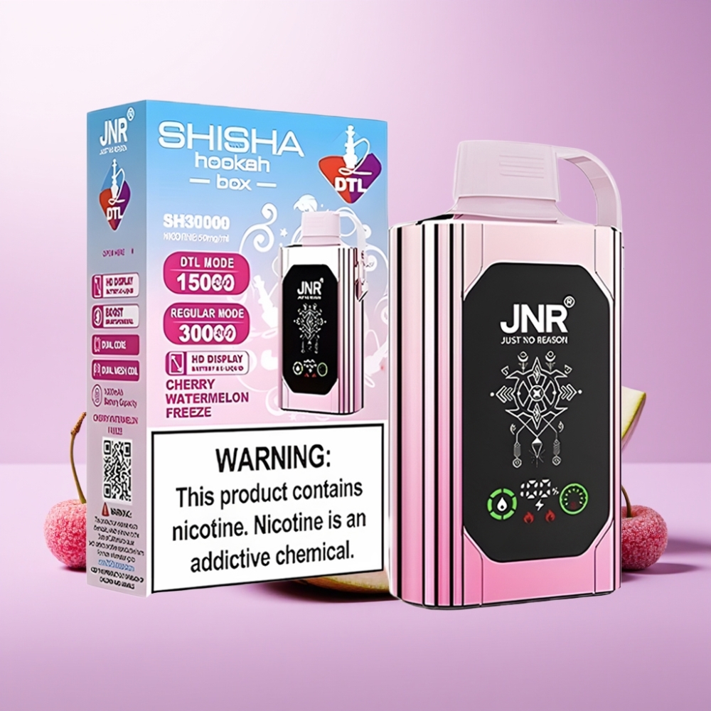 JNR Shisha Hookah Box 20500 Puffs Vape Desechable Cereza Sandía Fría con Pantalla HD, Batería 1000mAh, Carga Tipo-C y Doble Malla