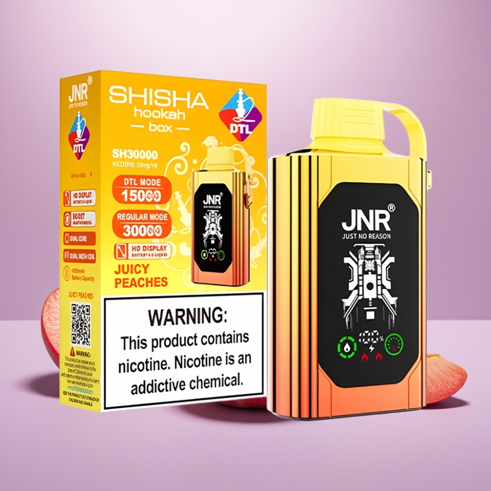 JNR Shisha Hookah Box 20500 Puffs Vape Disposable Melocotones Jugosos, Pantalla HD, 25ml, Doble Malla