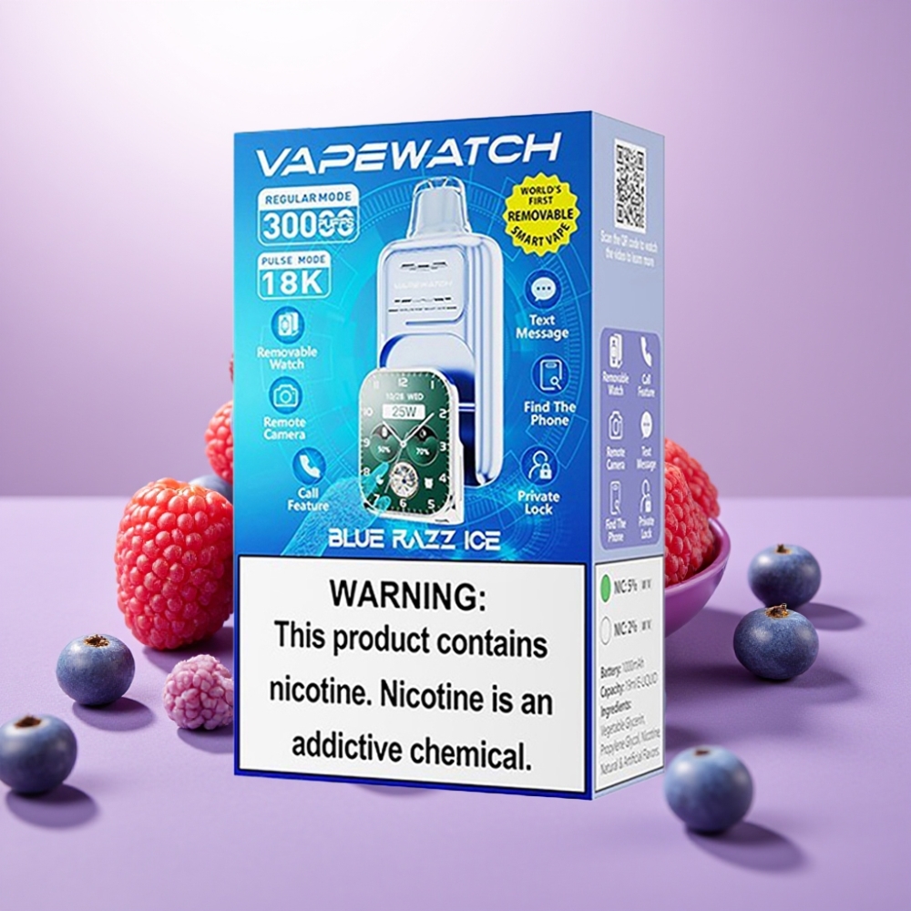 JNR VapeWatch 30000 Puffs Vape Desechable Arándano Azul Helado – 19mL, 5% Nicotina, Carga Rápida Tipo-C, Batería 1000mAh
