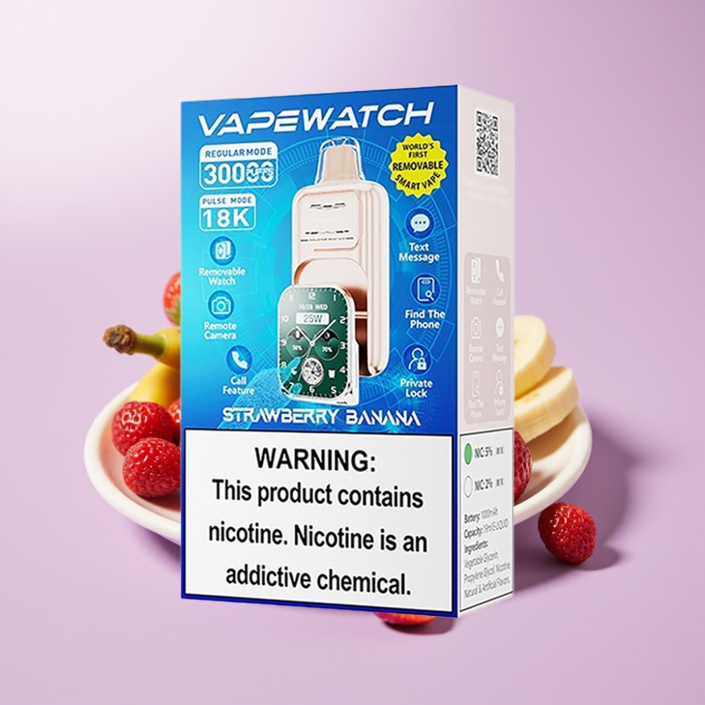 JNR VapeWatch 30000 Puffs Vape Desechable Fresa Banana 30,000 caladas | 19mL | 5% nicotina | Carga Rápida Type-C
