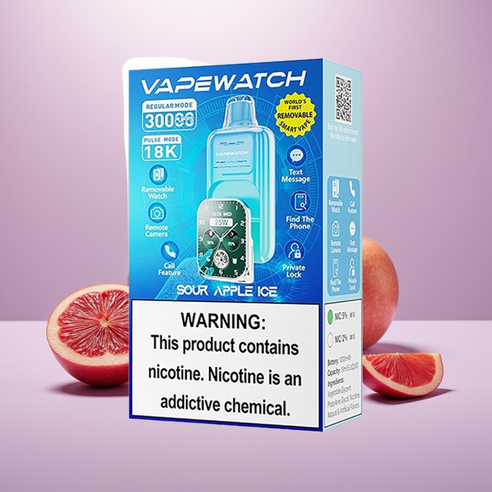 JNR VapeWatch 30000 Puffs Vape Desechable Manzana Ácida Helada - 19mL, 5% Nicotina, Carga Tipo-C