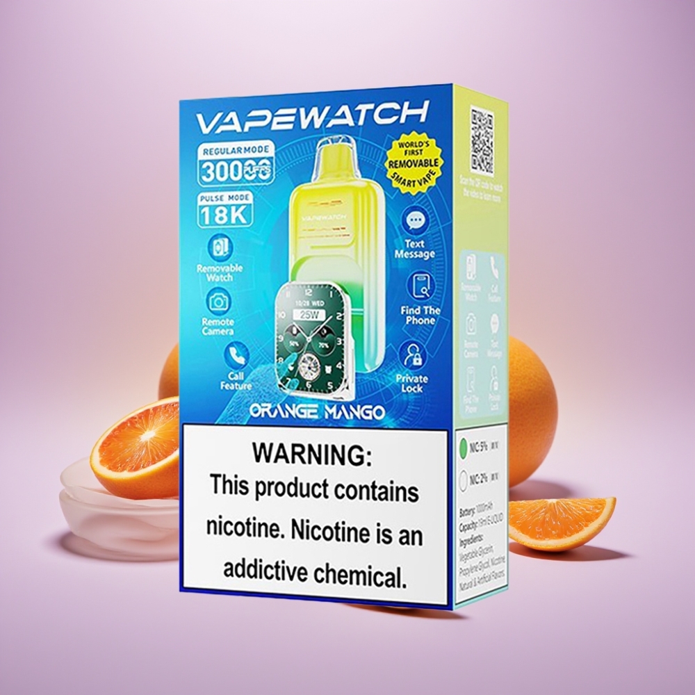 JNR VapeWatch 30000 Puffs Vape Desechable Naranja Mango – 19mL, 5% Nicotina, Carga Rápida Type-C
