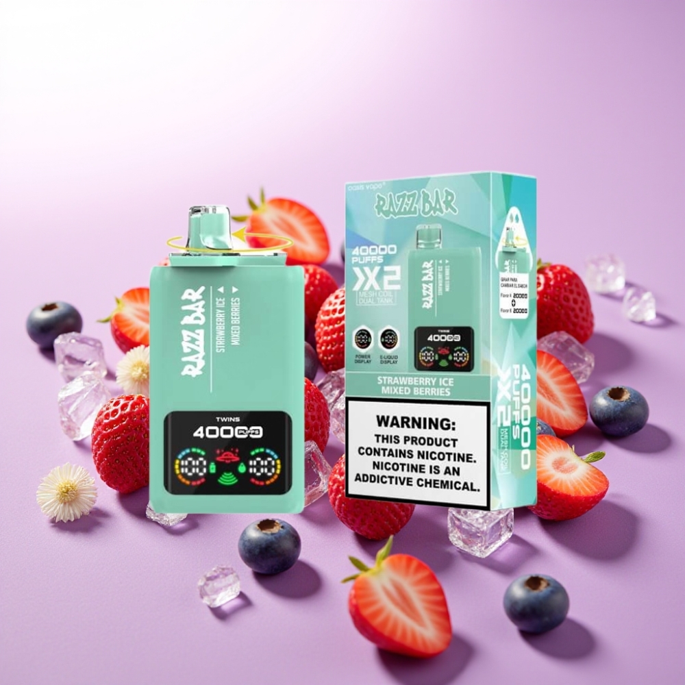 Razz Bar 40000 Puffs Disposable Vape Pantalla de Potencia, Doble Bobina Mesh 1.0Ω, Sabor Fresa Helada y Frutos del Bosque