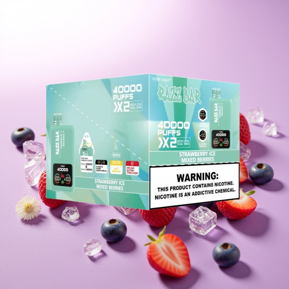 Razz Bar 40000 Puffs Disposable Vape Pantalla de Potencia, Doble Bobina Mesh 1.0Ω, Sabor Fresa Helada y Frutos del Bosque