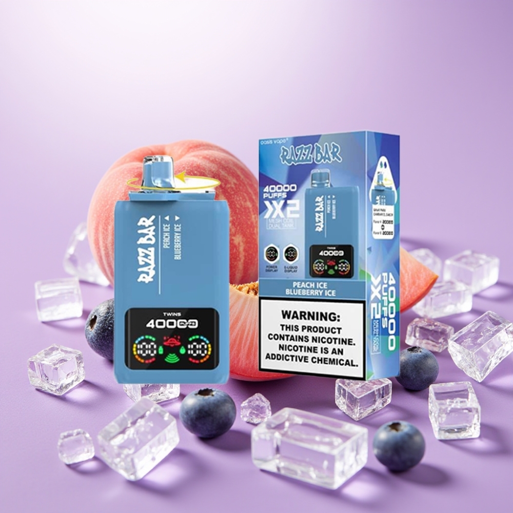 Razz Bar 40000 Puffs Vape Desechable DURAZNO HIELO & ARÁNDANO HIELO con Pantalla, Bobina Doble 1.0Ω y Batería 650mAh