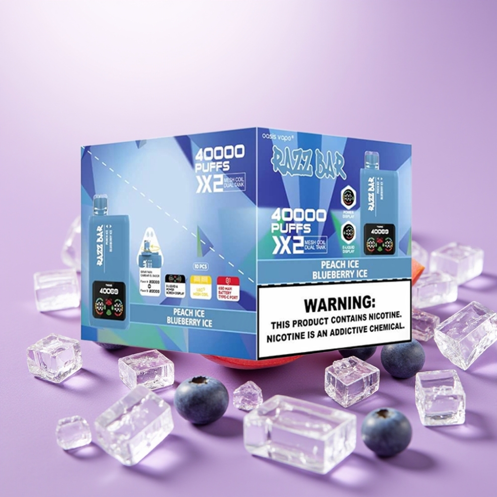 Razz Bar 40000 Puffs Vape Desechable DURAZNO HIELO & ARÁNDANO HIELO con Pantalla, Bobina Doble 1.0Ω y Batería 650mAh