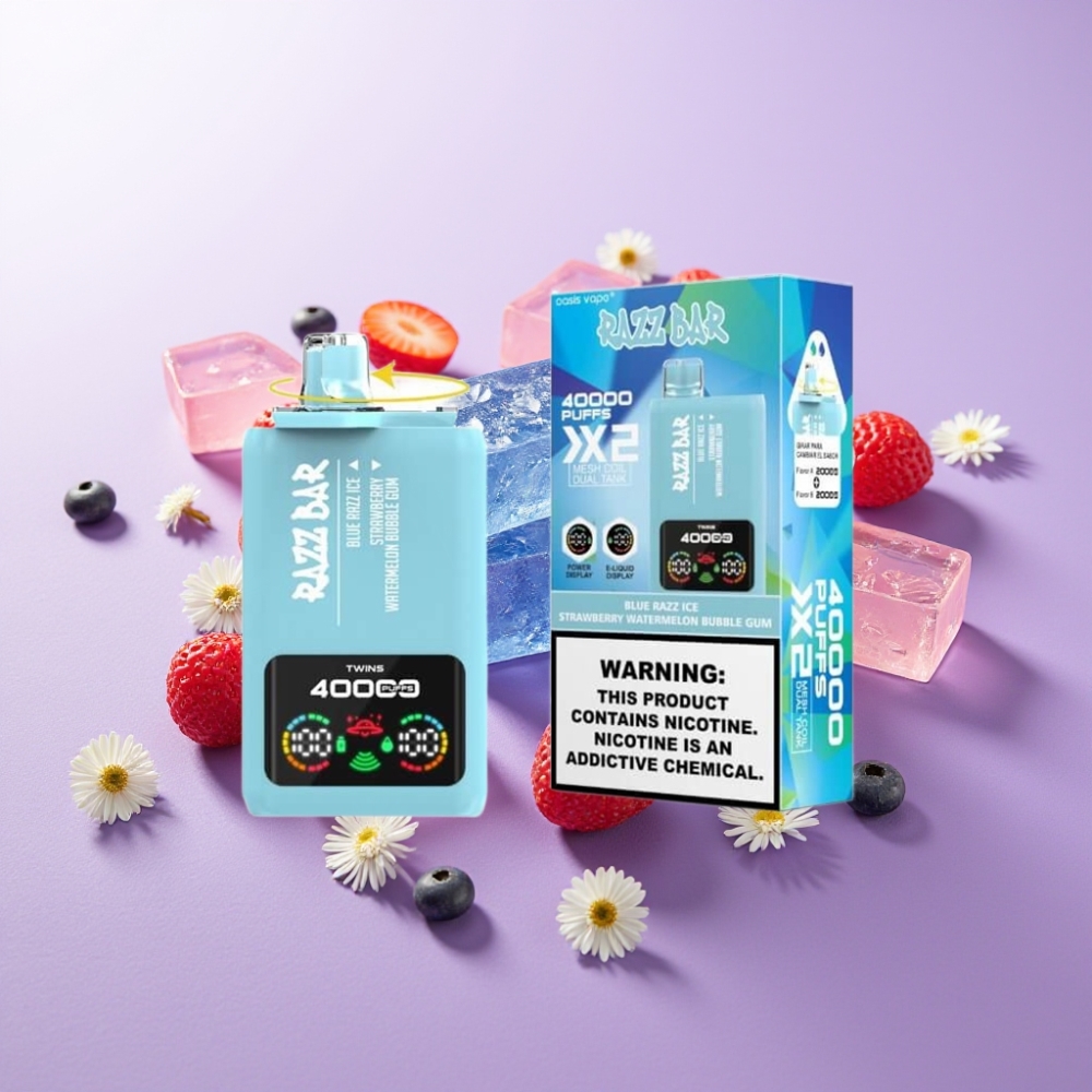 Razz Bar 40000 Puffs Vape Desechable FRUTOS AZULES HIELO-FRESA SANDÍA CHICLE con Pantalla y Batería 650mAh