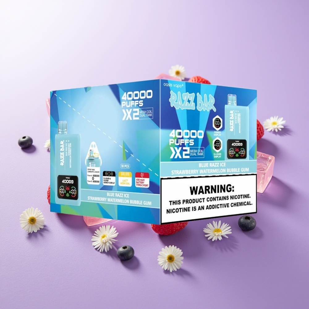 Razz Bar 40000 Puffs Vape Desechable FRUTOS AZULES HIELO-FRESA SANDÍA CHICLE con Pantalla y Batería 650mAh