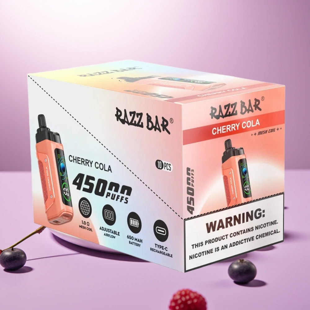Razz Bar 45000 Puffs Vape Desechable Cereza Cola con Bobina Mesh 1.0 Ohm y Batería 650 mAh Recargable