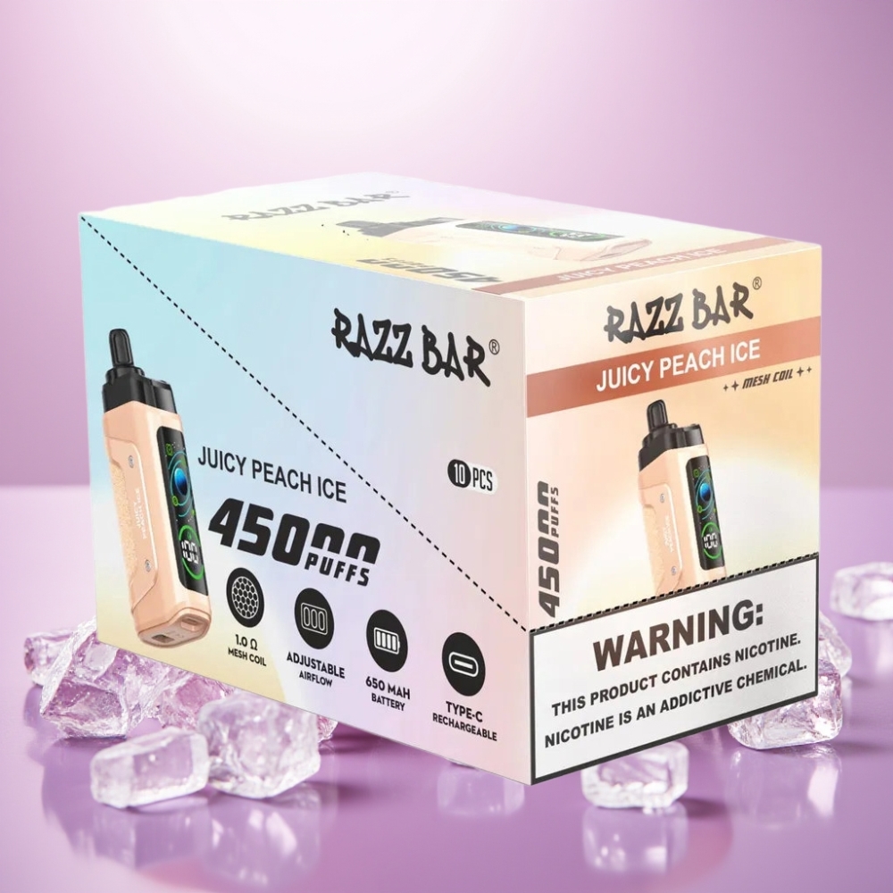 Razz Bar 45000 Puffs Vape Desechable Melocotón Jugoso Helado con Bobina Mesh 1.0 Ohm y Flujo de Aire Ajustable