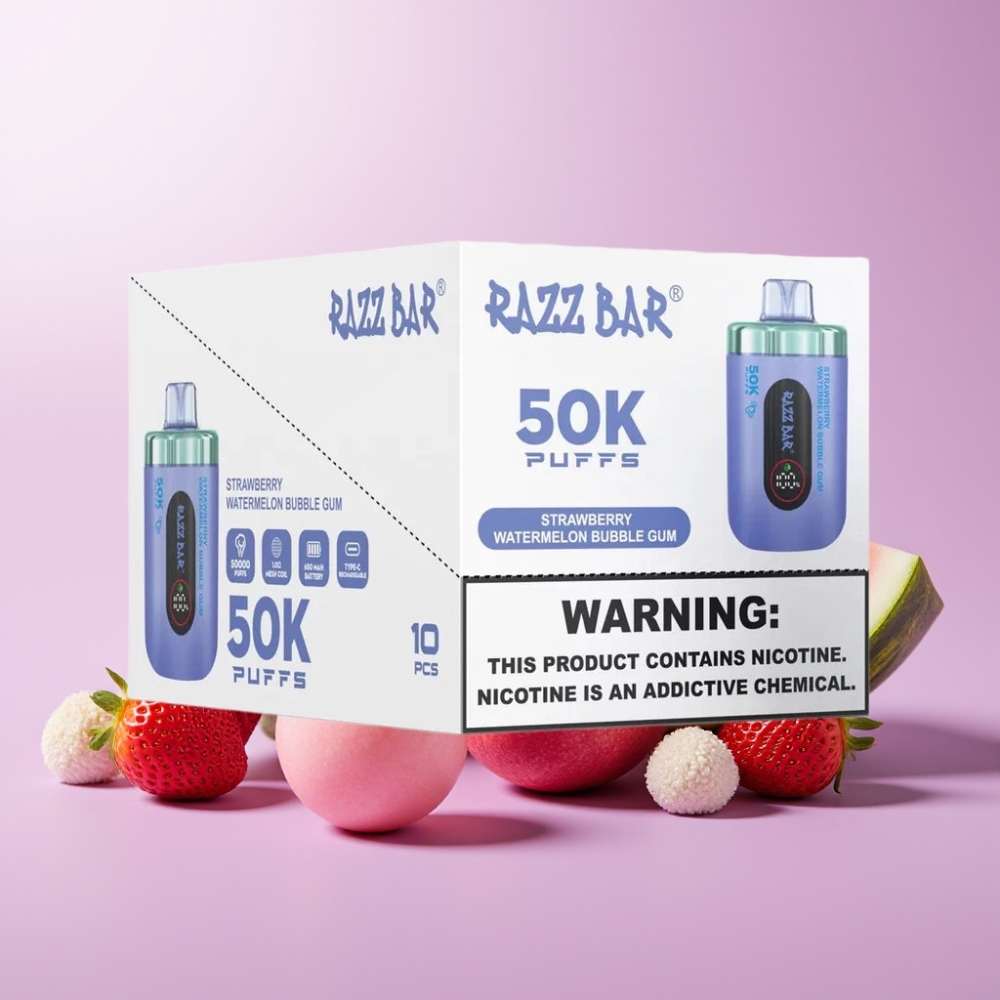 Razz Bar 50K Puffs Desechable Vape Fresa Sandía Chicle con 50000 Caladas, Bobina Mesh 1.0 Ohm, Batería 650 Mah, Recargable Tipo-C, 2% Nicotina
