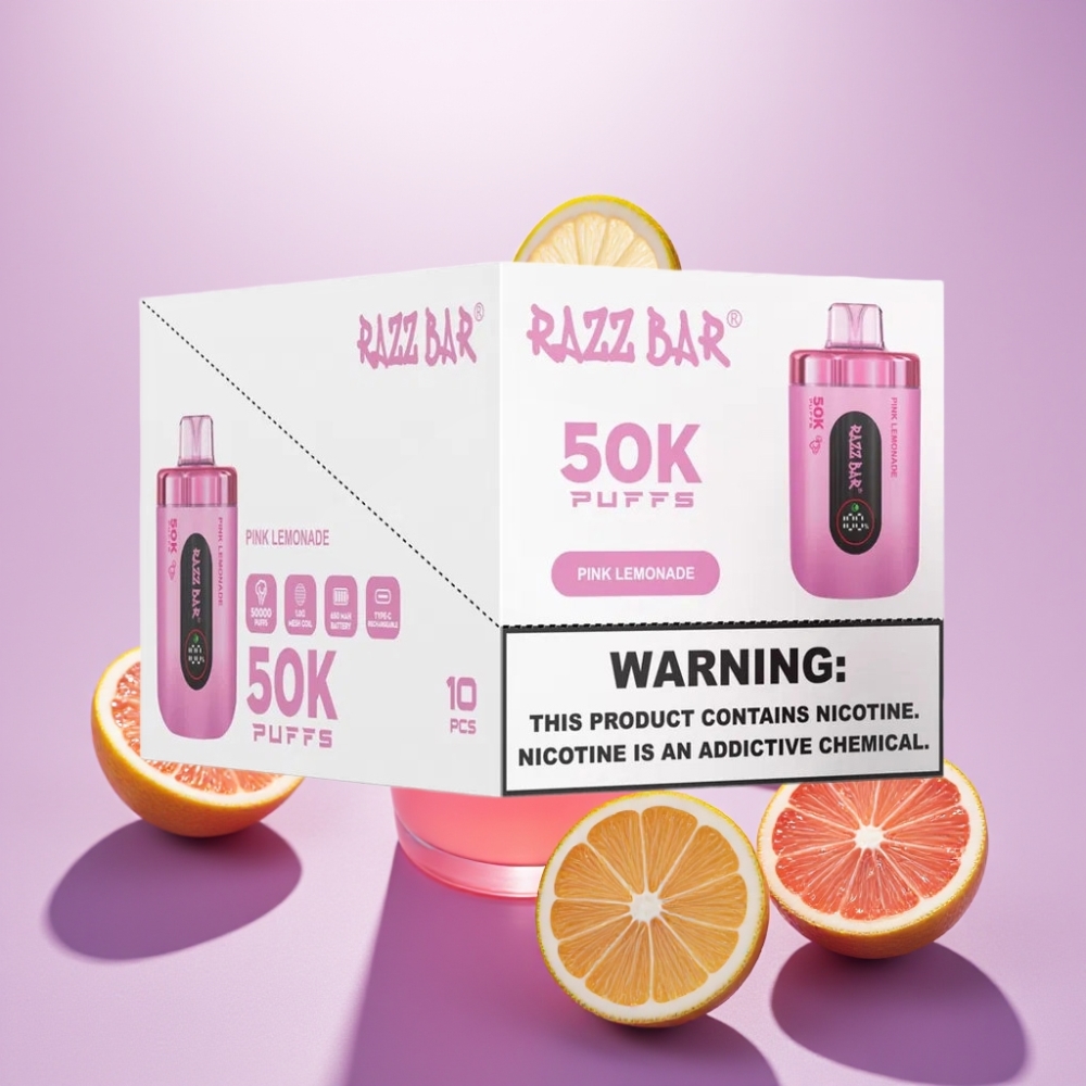 Razz Bar 50K Puffs Desechable Vape Limonada Rosa – 50000 Puffs, Bobina Mesh 1.0 Ohm, Batería 650mAh, Recargable Tipo-C, 2% Nicotina
