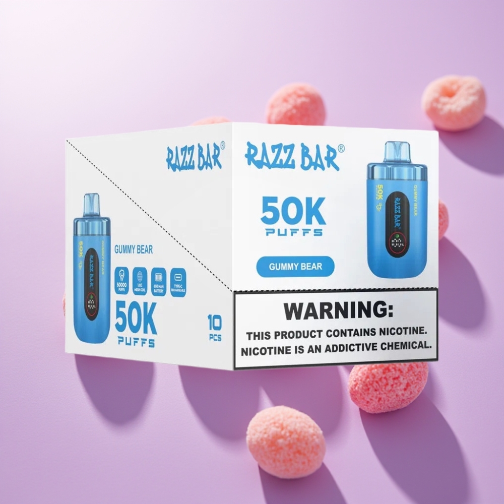 Razz Bar 50K Puffs Desechable Vape Osito de Goma – 50000 Caladas, Bobina Mesh 1.0 Ohm, Recargable Tipo-C, 2% Nicotina