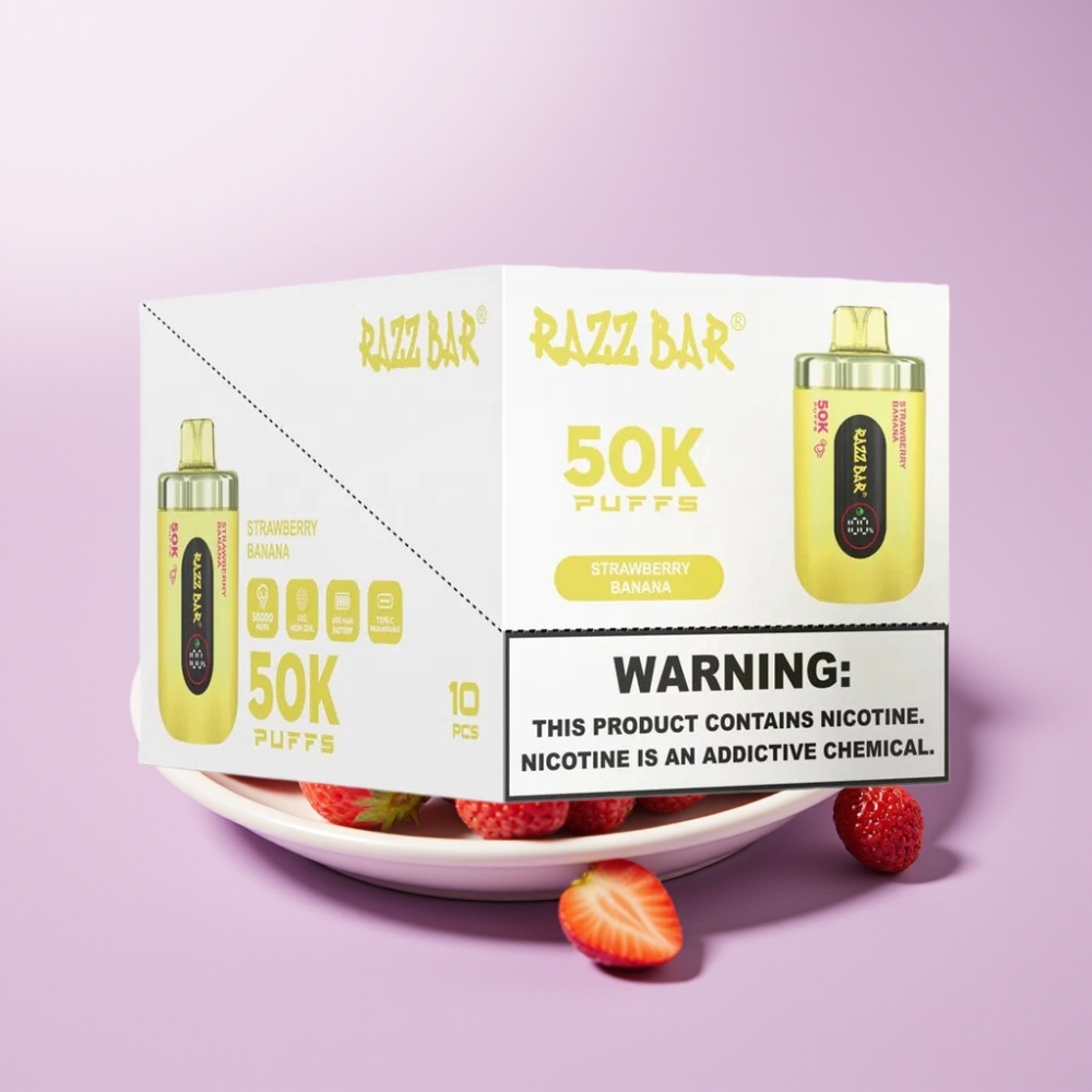 Razz Bar 50K Puffs Disposable Vape Fresa Banana – 50000 Puffs, Resistencia Mesh 1.0 Ohm, Batería 650mAh, Recargable Type-C, 2% Nicotina