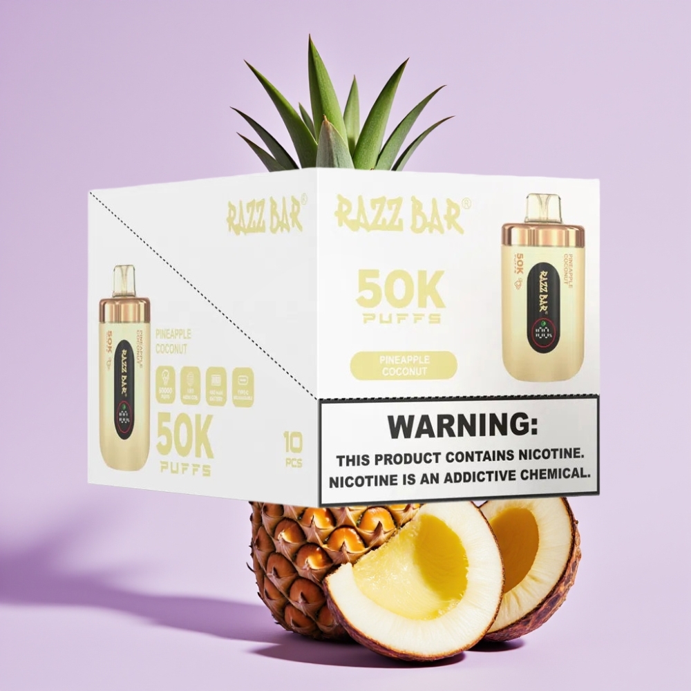 Razz Bar 50K Puffs Disposable Vape Piña Coco Recargable Tipo-C - 2% Nicotina - 650mAh - Bobina Mesh 1.0 Ohm
